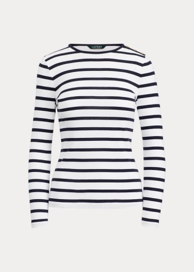 Tops Ralph Lauren Mujer Blancos / Azul Marino - Striped Button-Shoulder - NZYDK7853